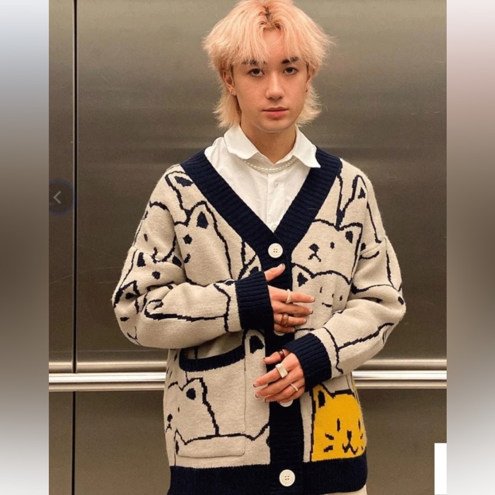 Aelfric Eden Cream & Navy Cardigan with Yellow Cat Detail